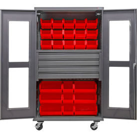 Global Industrial Clear-View Configurable Mobile Bin Cabinet48x24x85Gray4 Drawers102 Red Bins 