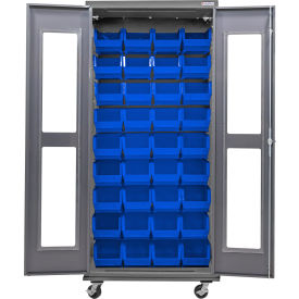 Global Industrial Clear-View Configurable Mobile Bin Cabinet Gray 36"Wx24"Dx85"H 36 Blue Bins 