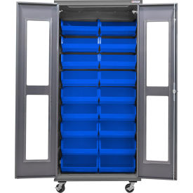 Global Industrial Clear-View Configurable Mobile Bin Cabinet 36Wx24Dx85H Gray 18 Blue Bins 