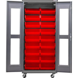 Global Industrial Clear-View Configurable Mobile Bin Cabinet 36"W x 24"D x 85"H Gray 18 Red Bins 