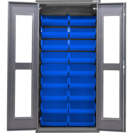 Global Industrial Clear-View Configurable Bin Cabinet 36"W x 24"D x 78"H Gray 18 Blue Bins 
