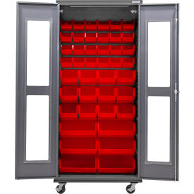 Global Industrial Clear-View Configurable Mobile Bin Cabinet 36"W x 24"D x 85"H Gray 42 Red Bins 