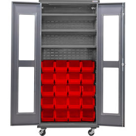 Global Industrial Clear-View Configurable Mobile Bin Cabinet36x24x85Gray3 Shelf24 Red Bins 