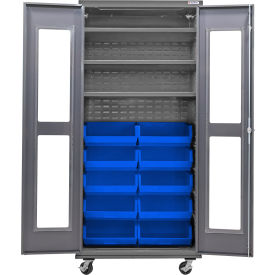 Global Industrial Clear-View Configurable Mobile Bin Cabinet36x24x85Gray3 Shelf12 Blue Bins 