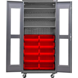 Global Industrial Clear-View Configurable Mobile Bin Cabinet36x24x85Gray3 Shelf12 Red Bins 