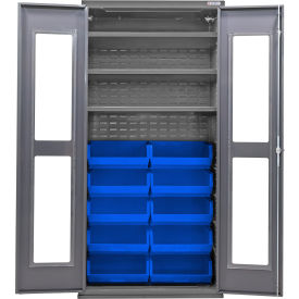 Global Industrial Clear-View Configurable Bin Cabinet 36Wx24Dx78H Gray 3 Shelf 12 Blue Bins 