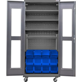 Global Industrial Clear-View Configurable Mobile Bin Cabinet36x24x85Gray4 Shelf12 Blue Bins 