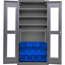 Global Industrial Clear-View Configurable Bin Cabinet 36Wx24Dx78H Gray 4 Shelf 12 Blue Bins 