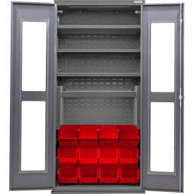 Global Industrial Clear-View Configurable Bin Cabinet 36"Wx24"Dx78"H Gray 4 Shelf 12 Red Bins 
