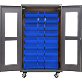 Global Industrial Clear-View Configurable Mobile Bin Cabinet 48W x 24D x 85H Gray 30 Blue Bins 