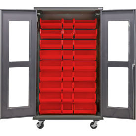 Global Industrial Clear-View Configurable Mobile Bin Cabinet 48"W x 24"D x 85"H Gray 30 Red Bins 