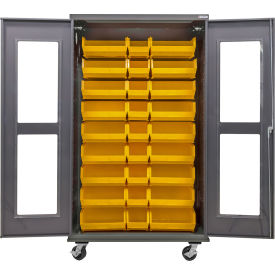 Global Industrial Clear-View Configurable Mobile Bin Cabinet 48W x 24D x 85H Gray 30 Yellow Bins 