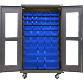 Global Industrial Clear-View Configurable Mobile Bin Cabinet 48W x 24D x 85H Gray 66 Blue Bins 