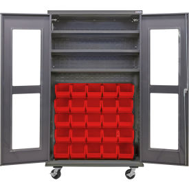 Global Industrial Clear-View Configurable Mobile Bin Cabinet48x24x85Gray3 Shelf36 Red Bins 