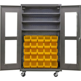 Global Industrial Clear-View Configurable Mobile Bin Cabinet 48x24x85 3 Shelf 36 Yellow Bins 