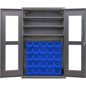 Global Industrial Clear-View Configurable Bin Cabinet 48Wx24Dx78H Gray 3 Shelf 36 Blue Bins 