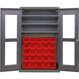 Global Industrial Clear-View Configurable Bin Cabinet 48"Wx24"Dx78"H Gray 3 Shelf 36 Red Bins 