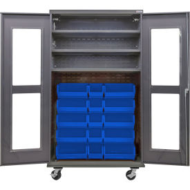 Global Industrial Clear-View Configurable Mobile Bin Cabinet48x24x85Gray3 Shelf24 Blue Bins 