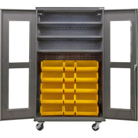 Global Industrial Clear-View Configurable Mobile Bin Cabinet48x24x85Gray3 Shelf24 Yellow Bins 