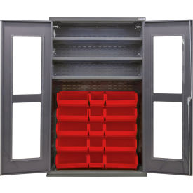 Global Industrial Clear-View Configurable Bin Cabinet 48"Wx24"Dx78"H Gray 3 Shelf 24 Red Bins 