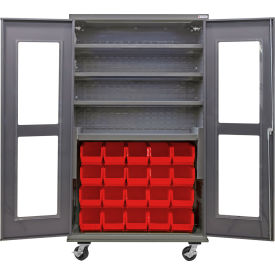 Global Industrial Clear-View Configurable Mobile Bin Cabinet48x24x85Gray4 Shelf24 Red Bins 