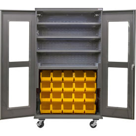Global Industrial Clear-View Configurable Mobile Bin Cabinet 48x24x85 4 Shelf 24 Yellow Bins 