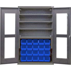Global Industrial Clear-View Configurable Bin Cabinet 48Wx24Dx78H Gray 4 Shelf 24 Blue Bins 