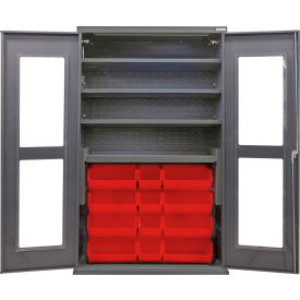 Global Industrial Clear-View Configurable Bin Cabinet 48"Wx24"Dx78"H Gray 4 Shelf 24 Red Bins 