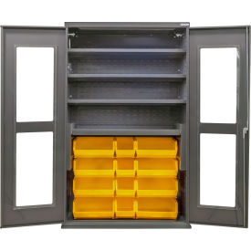Global Industrial Clear-View Configurable Bin Cabinet 48Wx24Dx78H Gray 4 Shelf 24 Yellow Bins 