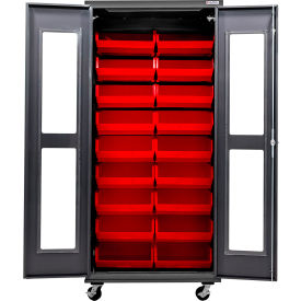 Global Industrial Clear-View Configurable Mobile Charging Cabinet 36Wx24Dx85H Black 30 Red Bins 