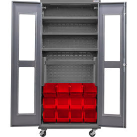 Global Industrial Clear-View Configurable Mobile Cabinet Powered 36x24x85 4 Shelves 12 Red Bins 