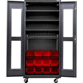 Global Industrial Clear-View Configurable Mobile Charging Cabinet36x24x85Black4 Shelf12 RD Bins 