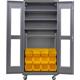 Global Industrial Clear-View Configurable Mobile Cabinet Powered 36x24x85 4 Shelves 12 YLW Bins 