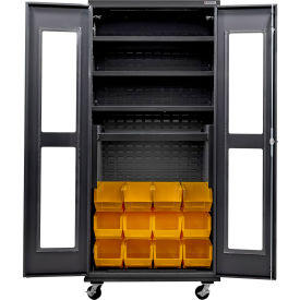 Global Industrial Clear-View Configurable Mobile Charging Cabinet36x24x85Black4 Shelf12 YLW Bin 