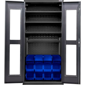 Global Industrial Clear-View Configurable Charging Cabinet 36x24x78 Black 4 Shelf 12 Blue Bins 