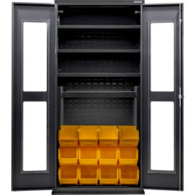 Global Industrial Clear-View Configurable Charging Cabinet 36Wx24Dx78H Black 4 Shelf12 YLW Bins 