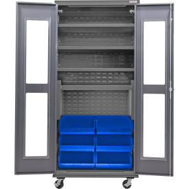 Global Industrial Clear-View Configurable Mobile Cabinet Powered 36"Wx24"Dx85"H 6 Blue Bins 