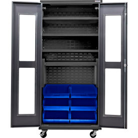 Global Industrial Clear-View Configurable Mobile Charging Cabinet 36Wx24Dx85H Black 6 Blue Bins 
