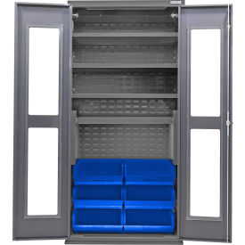 Global Industrial Clear-View Configurable Cabinet Powered 36"x24"x78" 4 Shelves 6 Blue Bins 
