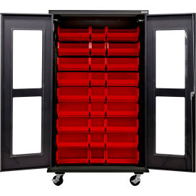 Global Industrial Clear-View Configurable Mobile Charging Cabinet 48Wx24Dx85H Black 30 Red Bins 