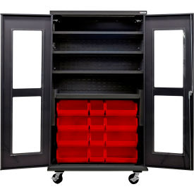 Global Industrial Clear-View Configurable Mobile Charging Cabinet 48Wx24Dx85H Black 24 Red Bins 