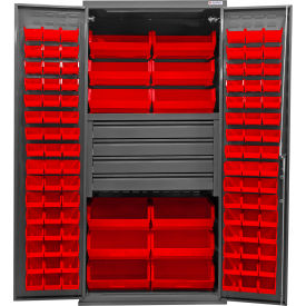 Global Industrial E-Lock Configurable Drawer Cabinet36"Wx24"Dx78"HGray4 Drawers108 Red Bins 