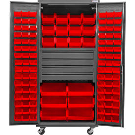 Global Industrial E-Lock Configurable Mobile Bin Cabinet36x24x85Gray4 Drawers114 Red Bins 