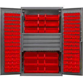 Global Industrial E-Lock Configurable Drawer Cabinet 48Wx24Dx78H Gray 4 Drawers 144 Red Bins 