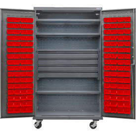 Global Industrial E-Lock Configurable Mobile Drawer/Bin Cabinet48x24x85Gray4 Shelf120 Red Bins 