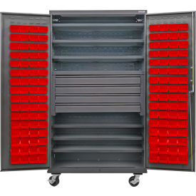 Global Industrial E-Lock Configurable Mobile Drawer/Bin Cabinet48x24x85Gray6 Shelf120 Red Bins 