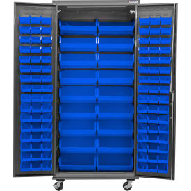 Global Industrial E-Lock Configurable Mobile Bin Cabinet 36Wx24Dx85H Gray 114 Blue Bins 