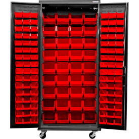 Global Industrial E-Locking Configurable Mobile Charging Cabinet 36Wx24Dx85H Black 132 Red Bins 