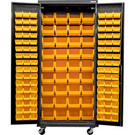 Global Industrial E-Lock Configurable Mobile Charging Cabinet 36Wx24Dx85H Black 132 Yellow Bins 