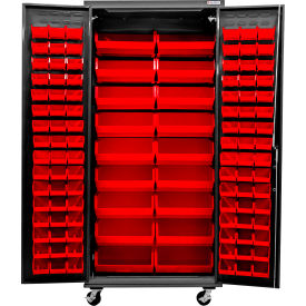Global Industrial E-Locking Configurable Mobile Charging Cabinet 36Wx24Dx85H Black 114 Red Bins 